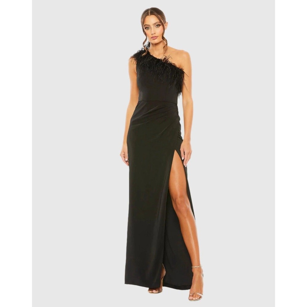 Mac Duggal Black One Shoulder Feather Trim Gown Size 14 Dress Ostrich Feather